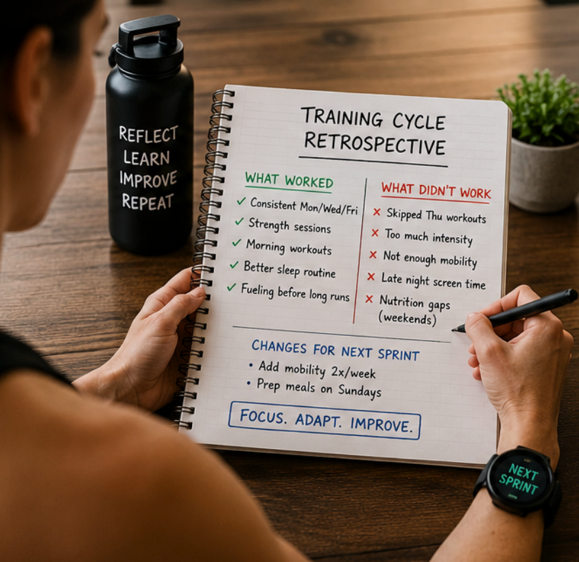 A handwritten notebook page titled "Training Cycle Retrospective" with two columns — "What Worked" (consistent Mon/Wed/Fri sessions, strength sessions, morning workouts, better sleep routine, fueling before long runs) and "What Didn't Work" (skipped Thursday workouts, too much intensity, not enough mobility, late night screen time, weekend nutrition gaps) — followed by "Changes for Next Sprint" (add mobility 2x/week, prep meals on Sundays) and the boxed phrase "Focus. Adapt. Improve." A black water bottle reading "Reflect Learn Improve Repeat" and a small potted plant sit beside the notebook on a wood desk.