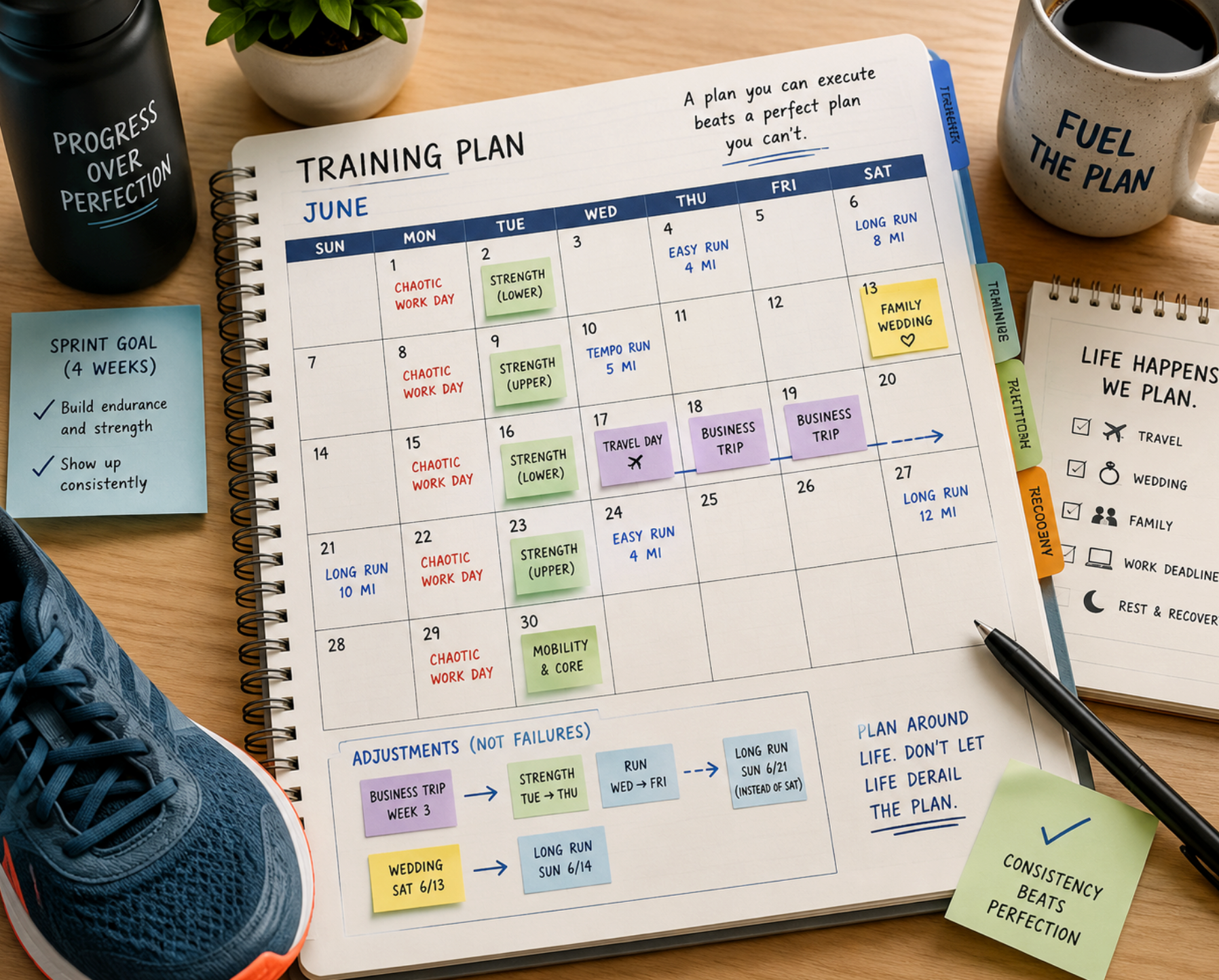 A handwritten June training plan calendar with daily entries including strength sessions, easy/tempo/long runs, chaotic work days, a family wedding on the 13th, and a business trip spanning the 17th-19th. Surrounding sticky notes list the "Sprint Goal (4 Weeks)": build endurance and strength, show up consistently. A bottom section titled "Adjustments (Not Failures)" shows flowcharts rerouting the schedule around the business trip and wedding (e.g., strength moved Tuesday to Thursday, long run moved to Sunday). Nearby items include a running shoe, a mug reading "Fuel the Plan," a water bottle reading "Progress Over Perfection," and a note reading "Life Happens, We Plan" with a travel/wedding/family/work checklist, plus a sticky note reading "Consistency Beats Perfection."