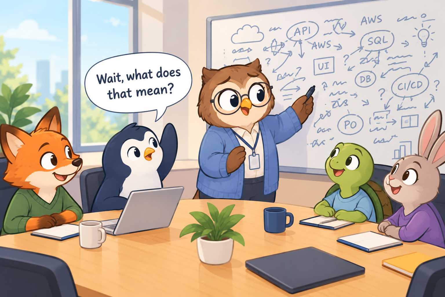 a team meeting with a whiteboard and many technical notes. One team member raises their hand to ask "wait, what does that mean" all team members are happy. 