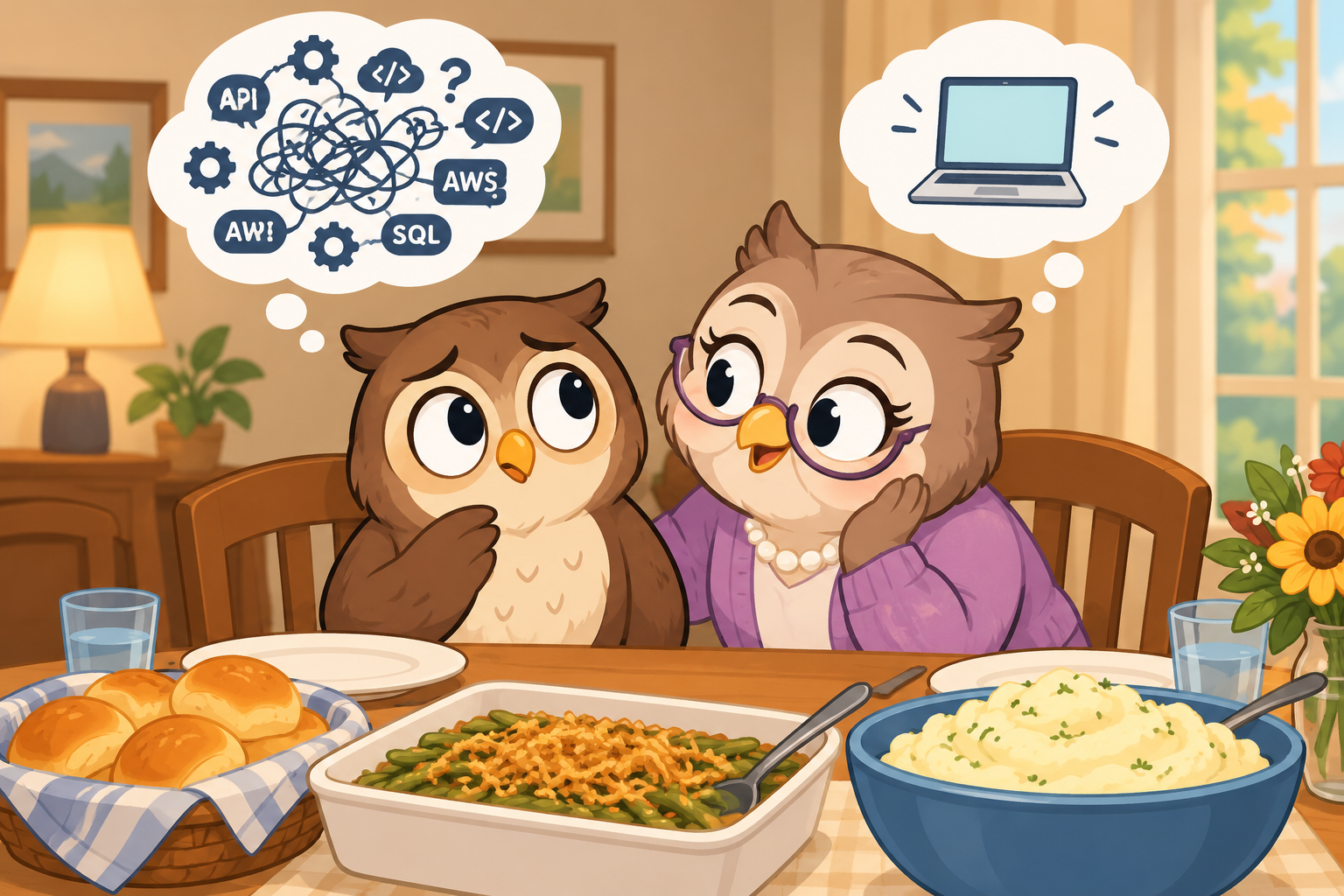 family holiday dinner table with a relative thinking of a computer and the individual with thoughts of complex tech